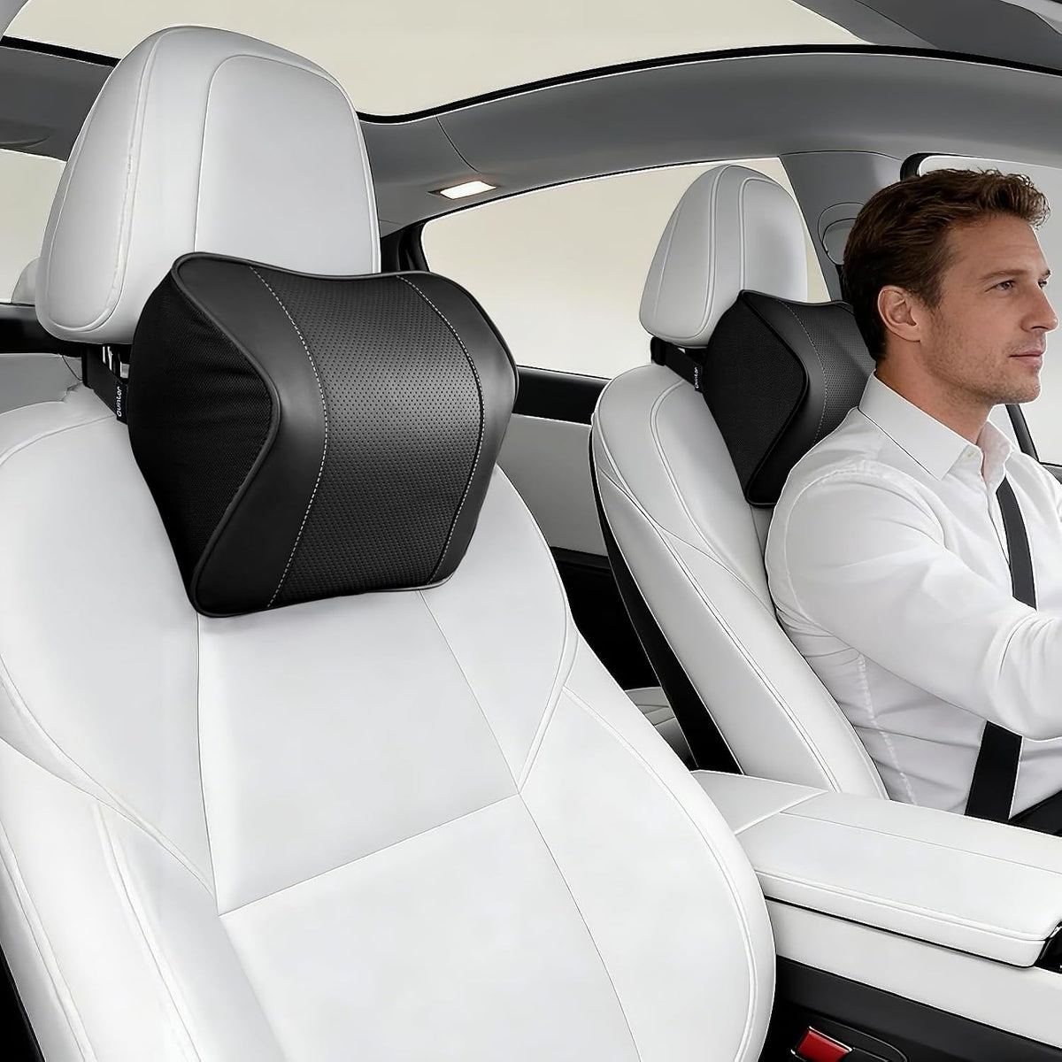 Genuine Leather Car Neck Pillow for Tesla Model 3/Y/S/X, Lumbar Support, Black