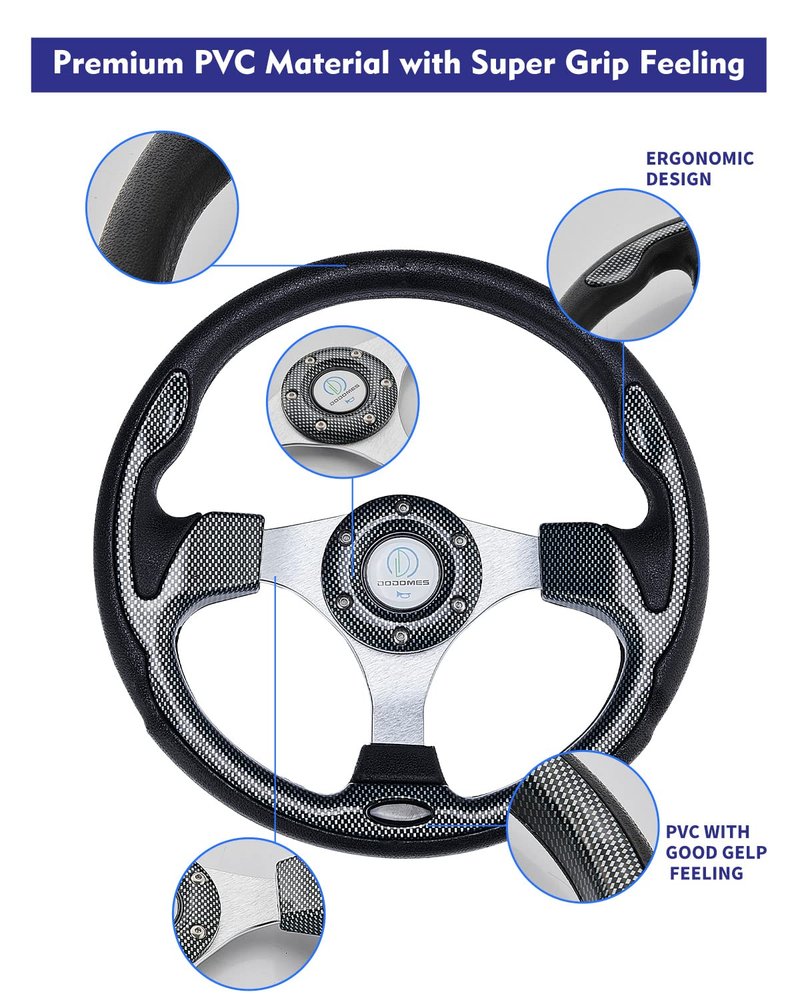 Universal Racing Steering Wheel for Golf Cart, EZGO Yamaha Club Car DS & Precedent, Aluminum with Horn Button for Car, 12.5”/320mm 6 Bolts Grip Vinyl Leather, black & carbon fiber