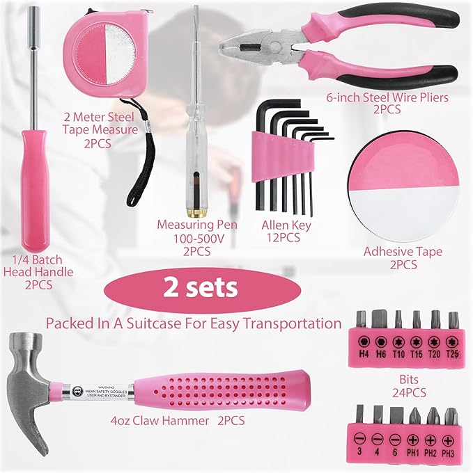 48pcs Small Tool Kit, Pink Mini Tool Kit for Women, Multi-Purpose Home Hand Tool Set with Case, Basic Household Tool Kit for College, Dorm, Office, Garage