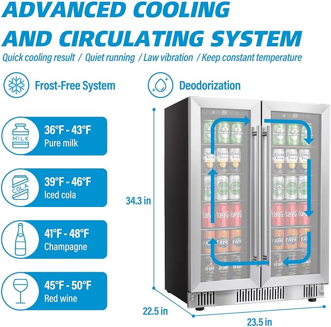 DOGHLY 24 Inch Dual Zone Beverage Refrigerator, 210 Cans Drink Fridge | Glass Door Cooler with Advanced Cooling for Soda Wine Beer, Built-in/Freestanding Beverage Fridge for Kitchen Bar Office