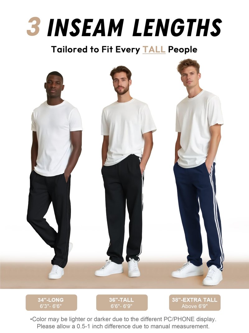 Tallemon Men's 34" Long Inseam Track Pants Warm-up Sweatpants Open Hem Tracksuit Bottoms for Lounge Travel, Black/Black, M