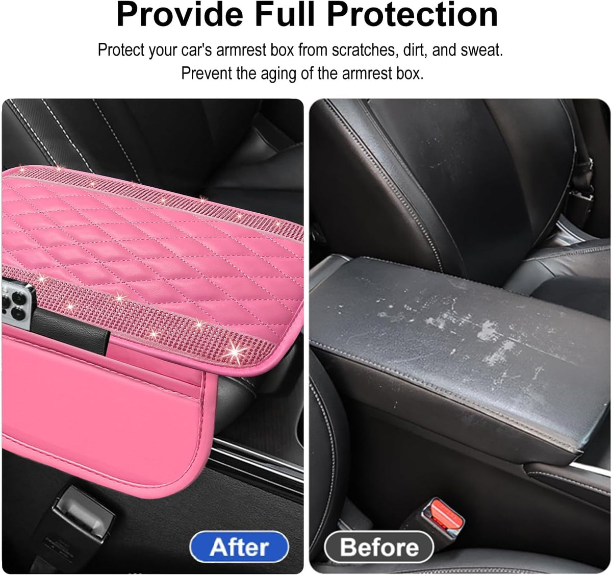 NBTEPEM Bling Pink Car Center Console Cover, Leather Car Arm Rest Cover Cushion with 2 Storage Bags, Middle Console Cover Universal Armrest Protector Pads, Pink Bling Accessories for Most Vehicles