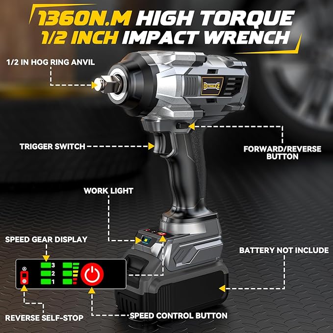 DIYtoolifz Cordless Impact Wrench 1/2” Compatible with Dewalt 20v Battery(Bare Tool), 1000FT-LBS High Torque Impact Driver, Electric Impact Gun with LED Work Light, Variable Speeds, 4-Speed Control