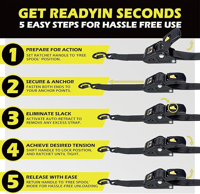 Retractable Ratchet Straps 2" x 10ft, 3,000lb Break Strength, Heavy Duty Easy Release Tie Down for Trucks, Trailers, Motorcycles, ATVs, Secure Cargo Straps