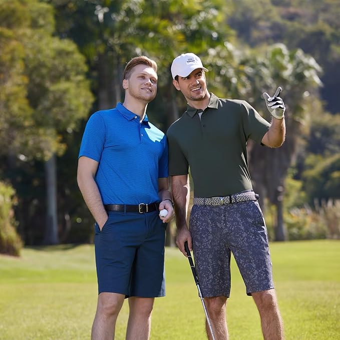 Mens Golf Shirt Moisture Wicking Dry Fit Performance Sport Short Sleeve Striped Golf Polo Shirts for Men