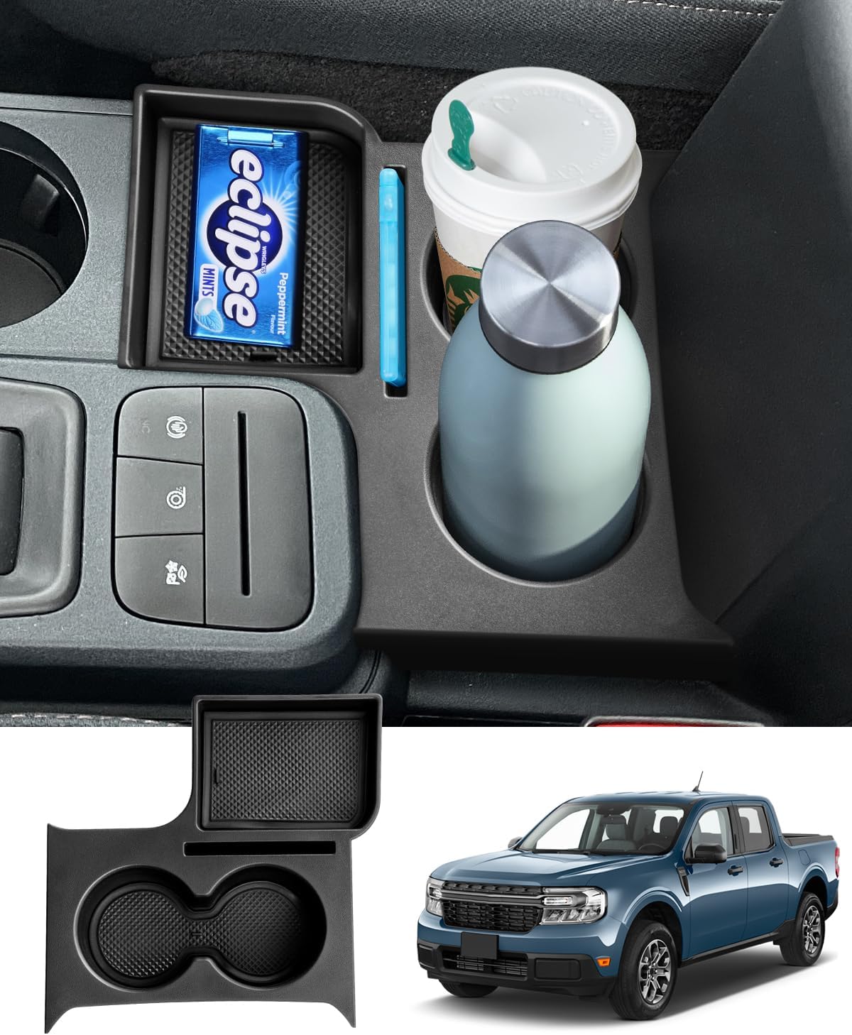 Karltys Maverick Cup Holder Insert Center Console Organizer for 2022 2023 2024 2025 Ford Maverick Accessories, Car Front Seat Armrest Storage Box for Maverick Multi-Functional Drink Cup Holder Tray