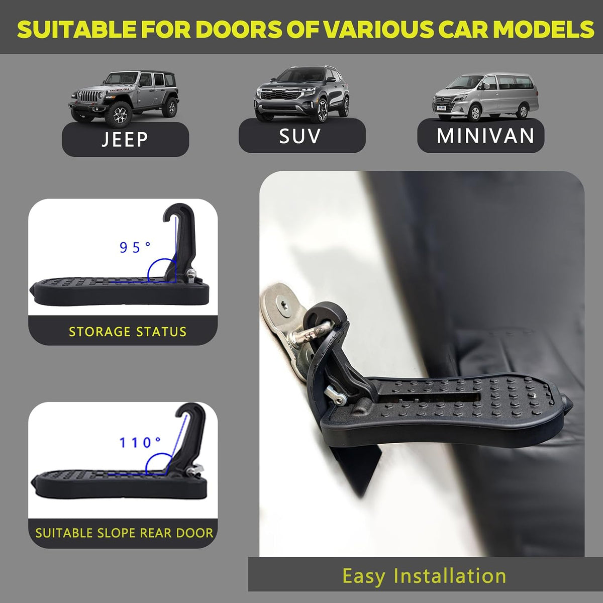 Car Door Step, Folding Aluminum Alloy Step with Window-Breaking Hammer & Escape Tool, Universal Fit Roof Rack Access for Most Cars/SUVs/Trucks, Max Load 400 lbs