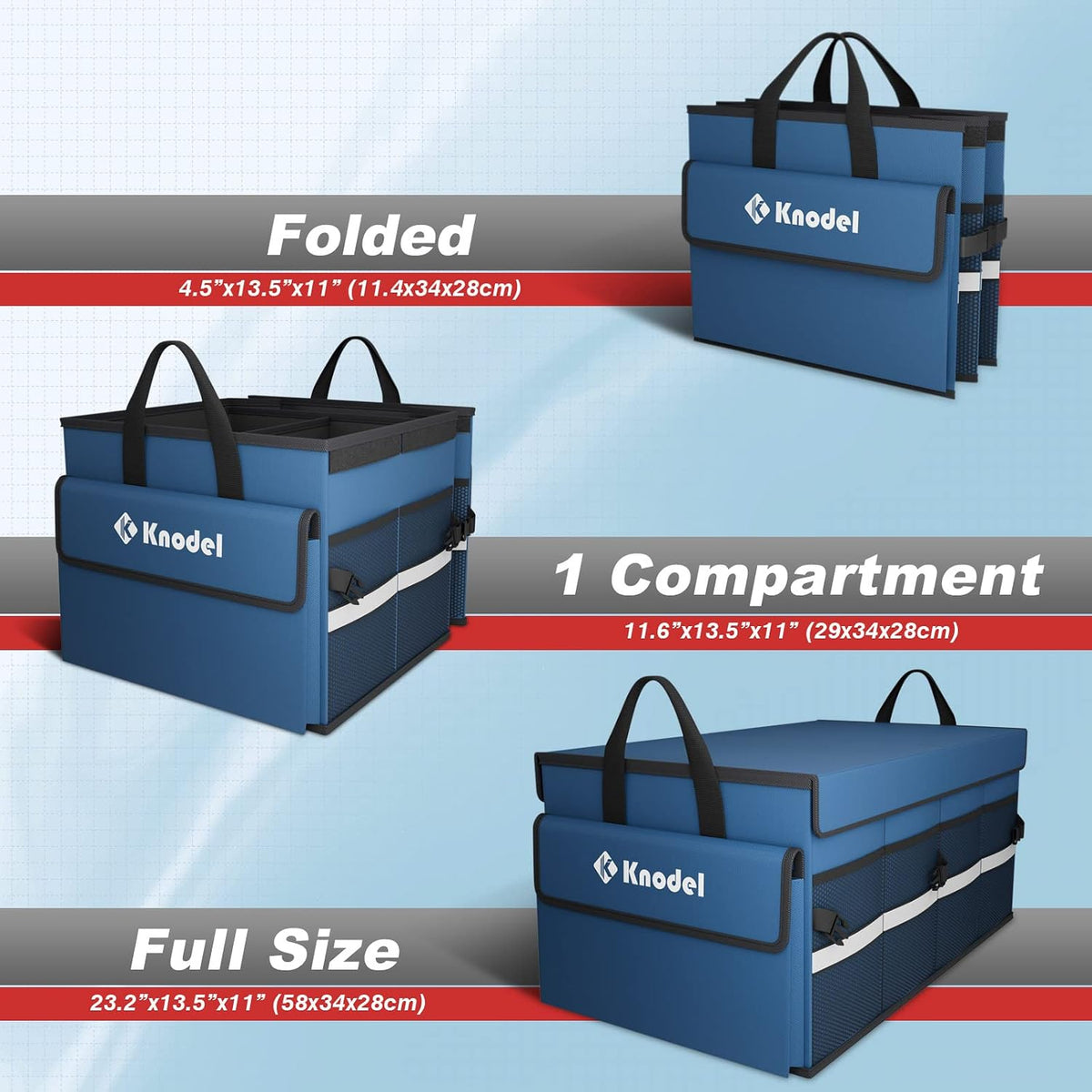 K KNODEL Trunk Organizer with Lid for Car, SUV, and Truck (Medium, Blue) | Collapsible Car Storage Organizer, Car Organizers and Storage for Sedan, Cargo Organizer, Car Bin, Basket,Bag, Organization