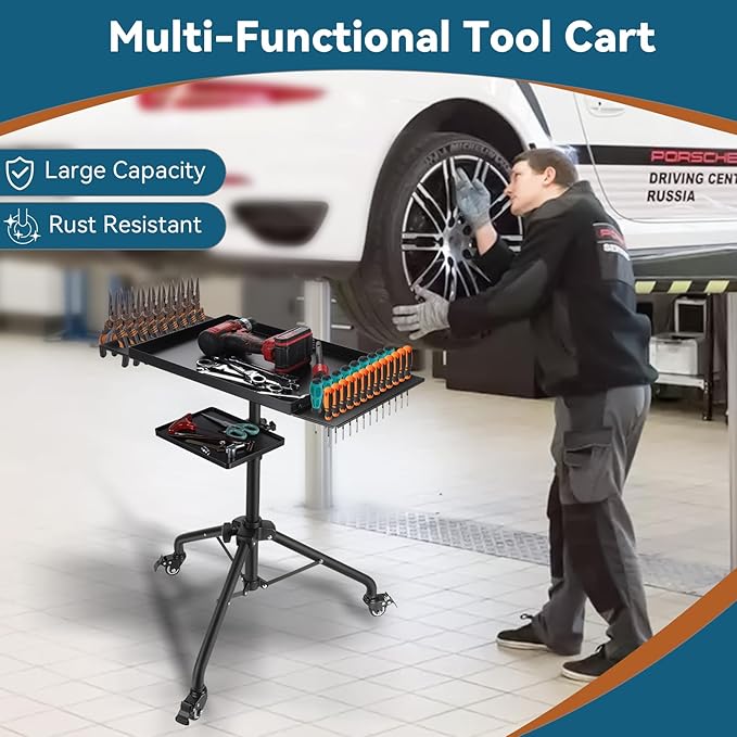 Rolling Tool Cart, Adjustable Mobile Work Table with 2 Tool Tray Holder Metal, Tool Table Rolling Utility Cart, 24-35 inch Portable Tray Storage Organizer Workbench for Garage Bike Work Shop