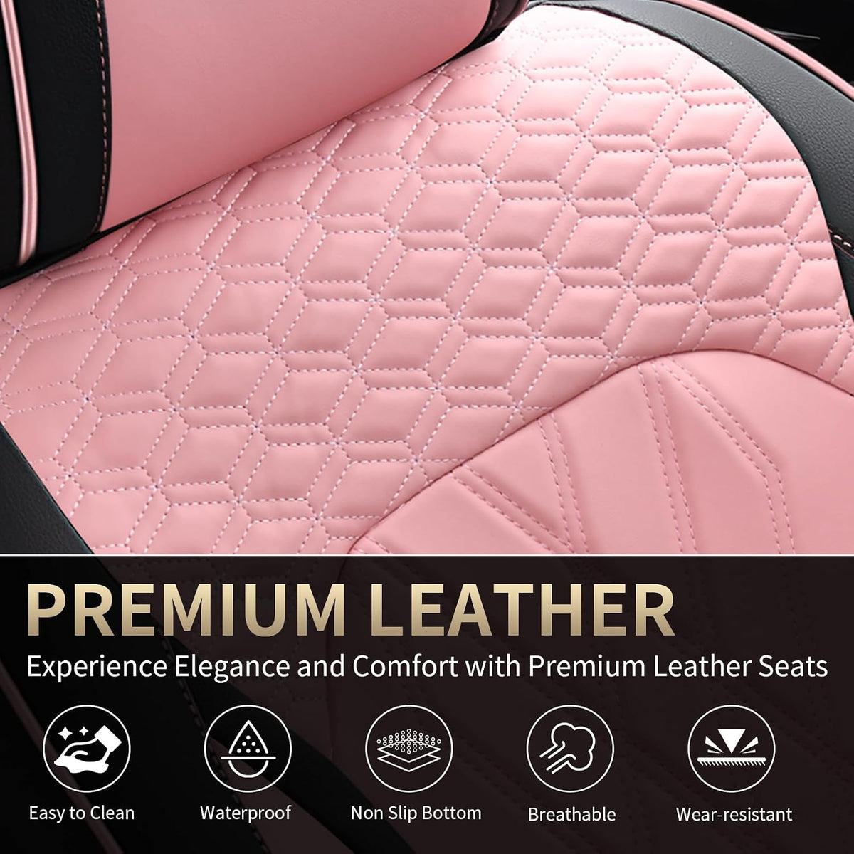 FLORICH Automotive Seat Covers Leather Pink Seat Covers for Cars Front Seats Waterproof Breathable Car Seat Cushion Comfort Interior Covers Universal Fit for Most Car Truck SUV Driving, Black&Pink