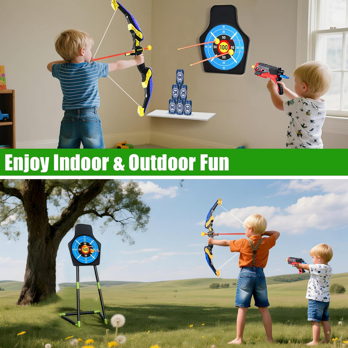 Skiennix Bow and Arrow Toy Set - 2 Pack with 24 Suction Cup Arrows & Target | Indoor/Outdoor Sports Gift for Ages 4-12