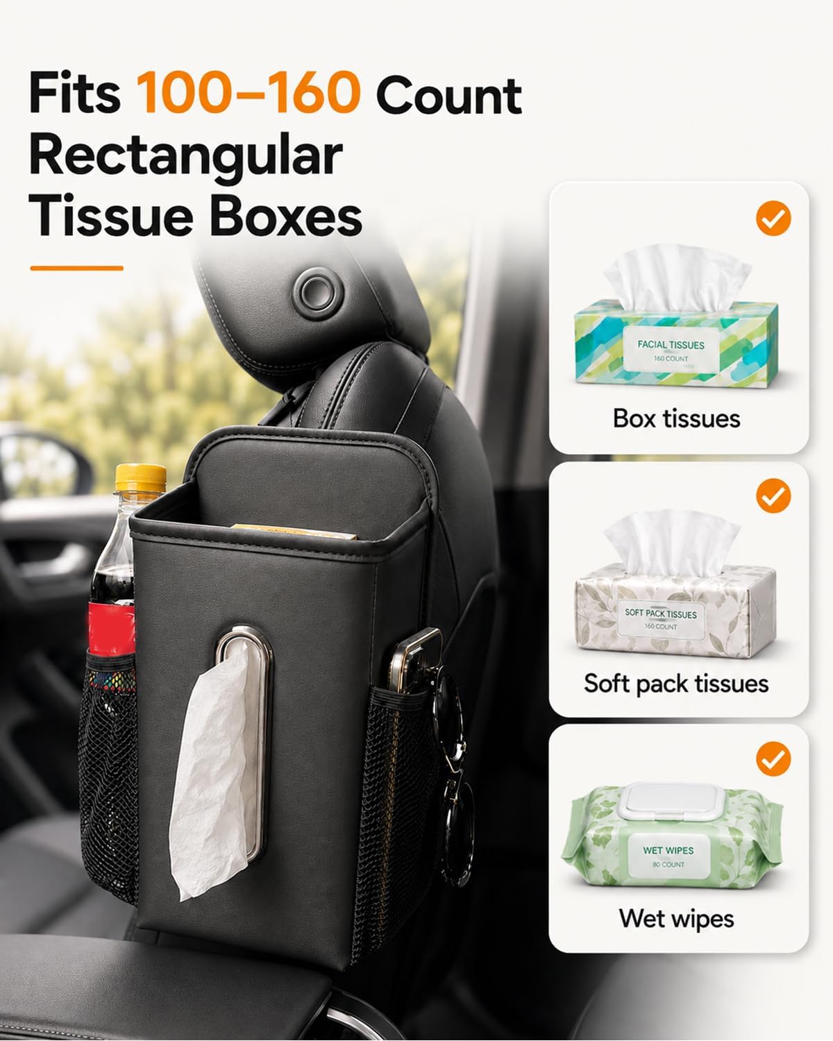 Leather Car Tissue Holder for Front & Back Seats, Car Tissue Box with 2 Side Mesh Pockets, Wide Metal Opening for Easy Pull, Fits 100–160 Count Rectangular Tissue Boxes, Black