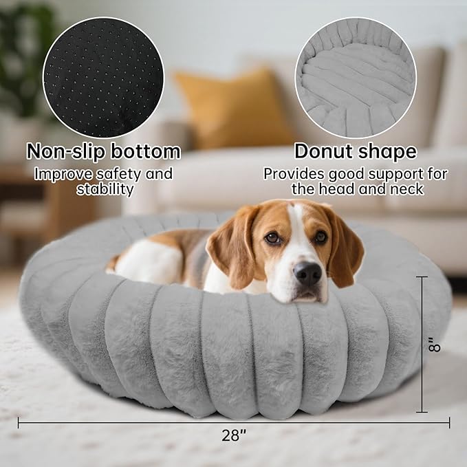 Donut Dog and Cat Bed, Luxurious Comfortable Faux Rabbit Fur Pet Beds, Round Anti-Anxiety Calming Puppy Kitten Bed with Anti-Slip Bottom for Small Medium Dogs & Cats(28", Grey)