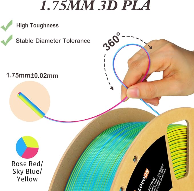 LOVOON PLA 3D Printing Filament 1.75MM Tricolor Change by Angle Filament PLA
