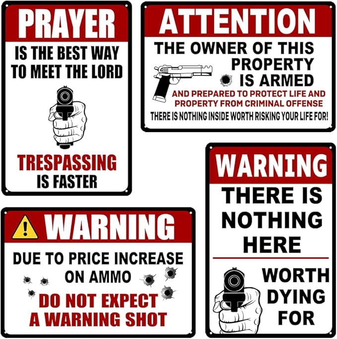 4 Pack Funny No Trespassing Sign Gun Signs No Tresspassing Private Property Metal Tin Signs Warning Signs For Property Warning Signs For Home Funny No Trespassing Signs Private Property 8x12 Inch