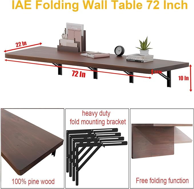 IAE Floating Wall Mounted Folding Table Desk with Pine Wood,72" x 22" Foldable Workbench,Fold Down Wall Mounted Foldable Desk with Shelf Brackets,Laundry Folding Table for Home,Dining,Kitchen,Brown