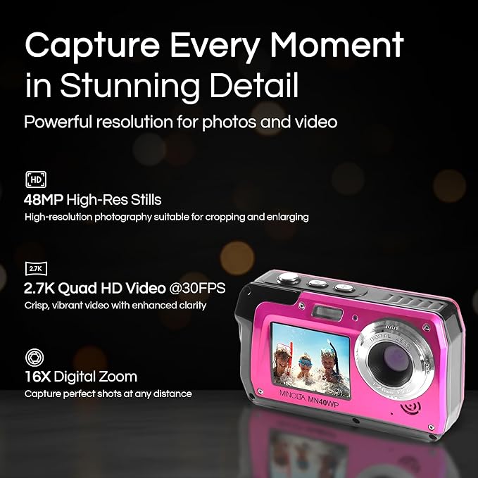 Minolta MN40WP 48MP Waterproof Digital Camera – Dual LCD Screens, 2.7K QHD Video