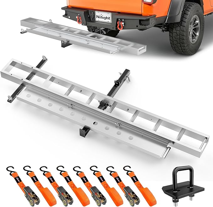 Nilight Motorcycle Hitch Carrier 400LBS, Lightweight Robust Aluminum Dirt Bike Hitch Hauler with 55.11" Longer Ramp, Pin Lock, Tie-Down Strap and Tightener, 2" Receiver, 5" Wide Tire