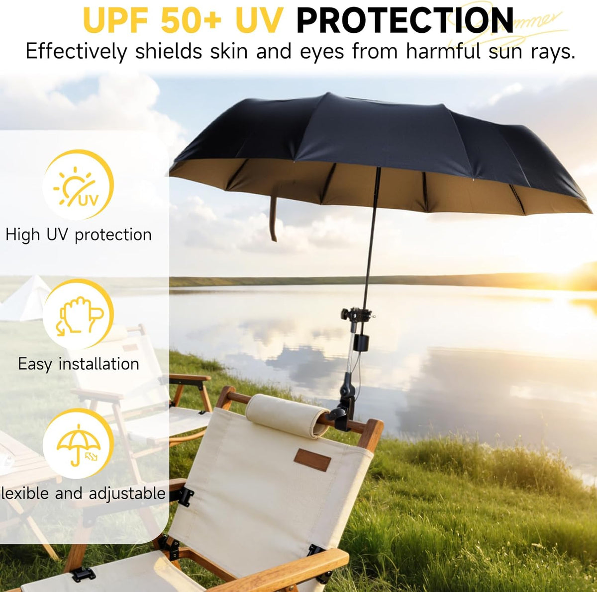 Skiennix Chair Umbrella - Double Canopy Sunshade with 360° Swivel & UPF 50+ Protection | 39.4in Clip-On for Beach, Camping, Stroller, Wheelchair, Golf Cart