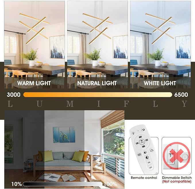 Linear Pendant Light for Dining Room Oak Wood Grain Finish LED 4 Light