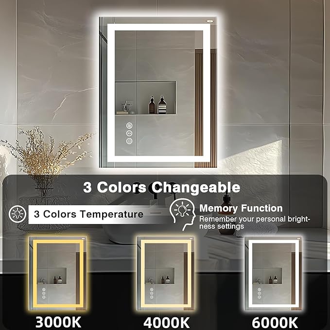 24"x32" LED Bathroom Mirrors for Wall, Front and Backlit Mirror, Anti-Fog Vanity Mirror with Lights, Stepless 3 Colors Dimmable Smart Lighted Mirror(Horizontal/Vertical)
