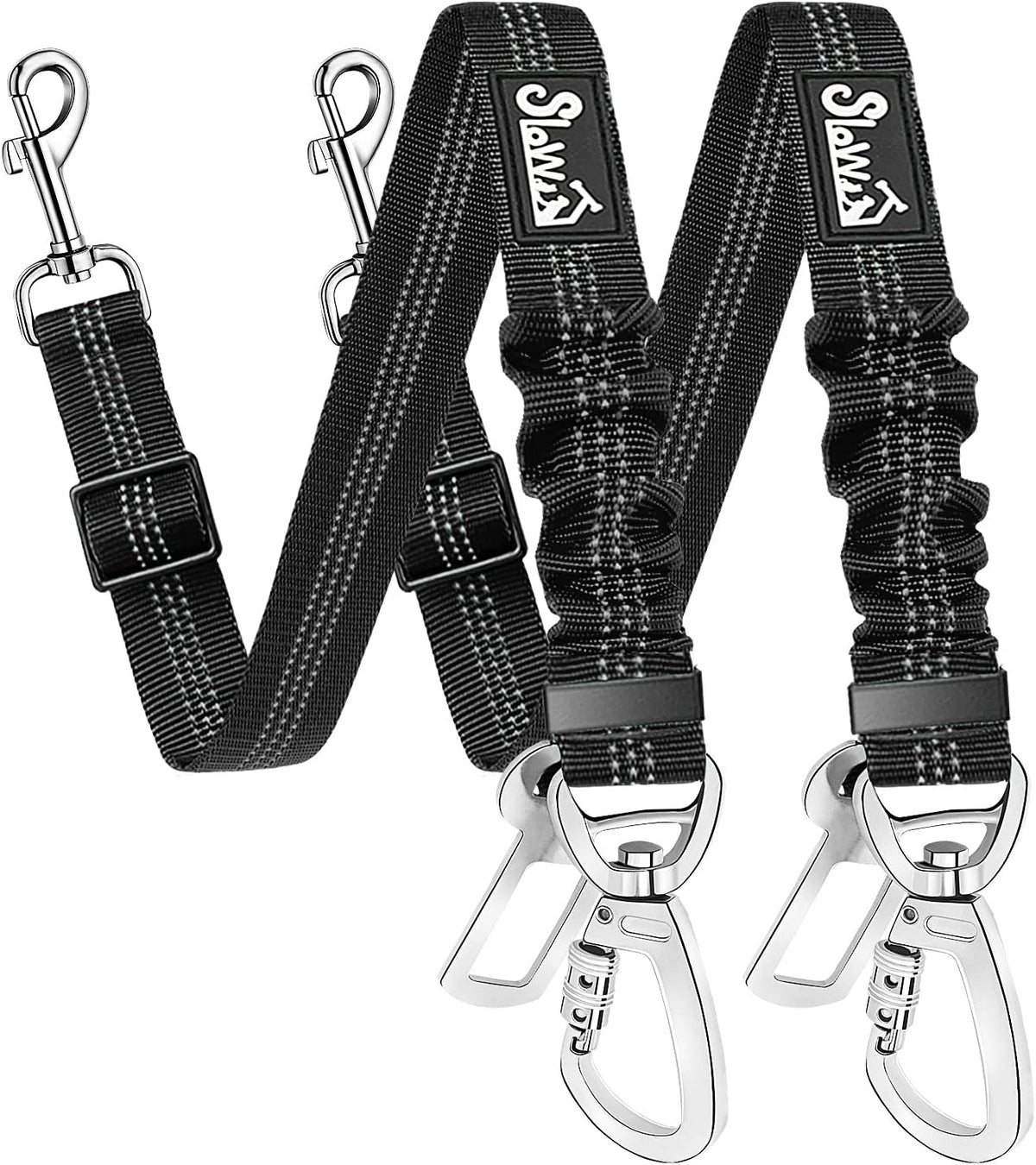 SlowTon Dog Seatbelt, 2 Pack Dog Seat Belt Car Leash Adjustable Elastic Bungee Buffer Heavy Duty Nylon Reflective Pet Safety Tether Connect to Dog Harness for Travel Riding in Vehicle (Daul Clip, B)