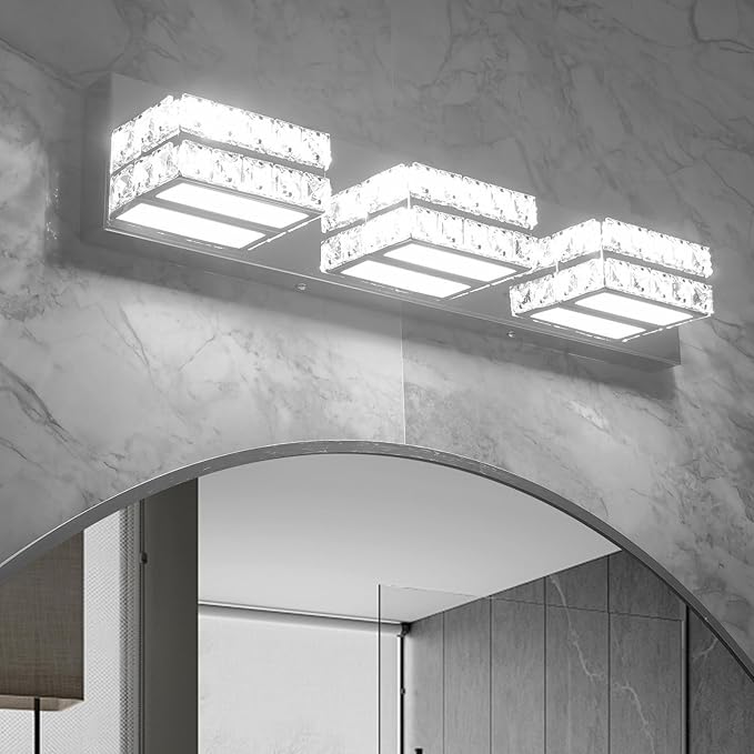 OKELI Bathroom Crystal Vanity Light Fixtures, Modern LED Vanity Light for Bathroom, 3 Lights Crystal Mirror Front Lamp, 6000K Cool White, 18W, Dia 22 Inch ETL Listed