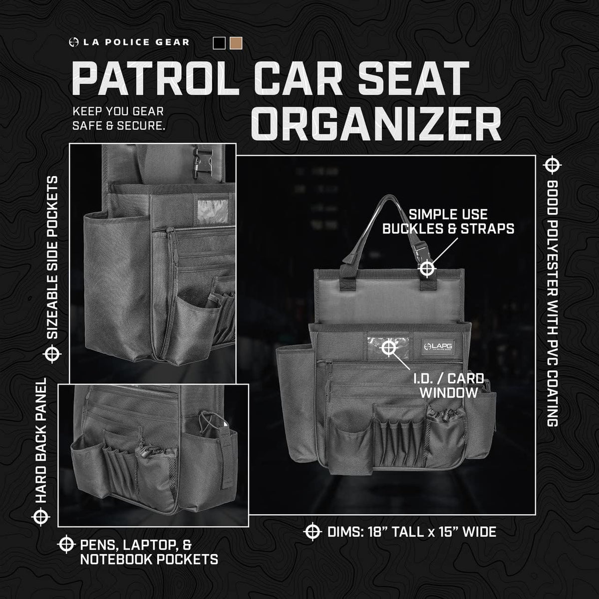 LA Police Gear Patrol Car/Truck Seat Gear Organizer Bag, Durable Tactical Portable Front Seat Squad Car Duty Gear Organizer