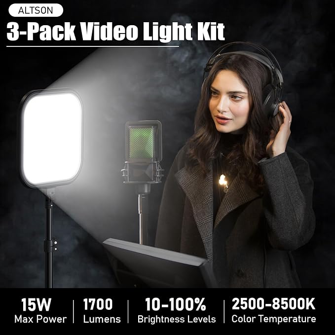 ALTSON 3 Pack LED Video Panel Light, 2500-8500K Dimmable Studio Lights
