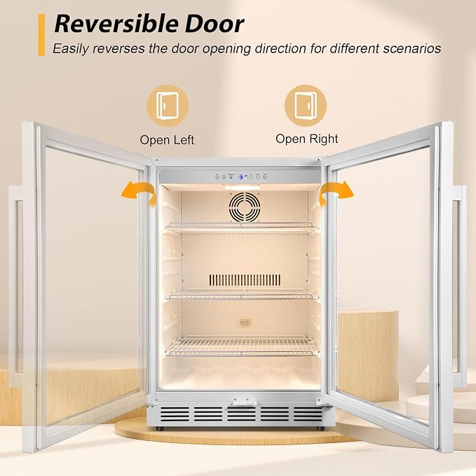 24" Beverage Refrigerator Glass Door Reversible White | Built-in/free, fast cool, <38dB, temp memory, glass+lock, 37-65°F, 190 can