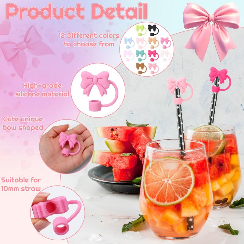 XLSXEXCL 12 Pcs Big Bow Straw Toppers Cover Caps Compatible with Stanley Cup Silicone Cute Reusable Straw Toppers for Cups 30&40 Oz Tumbler Accessories 10mm Colorful