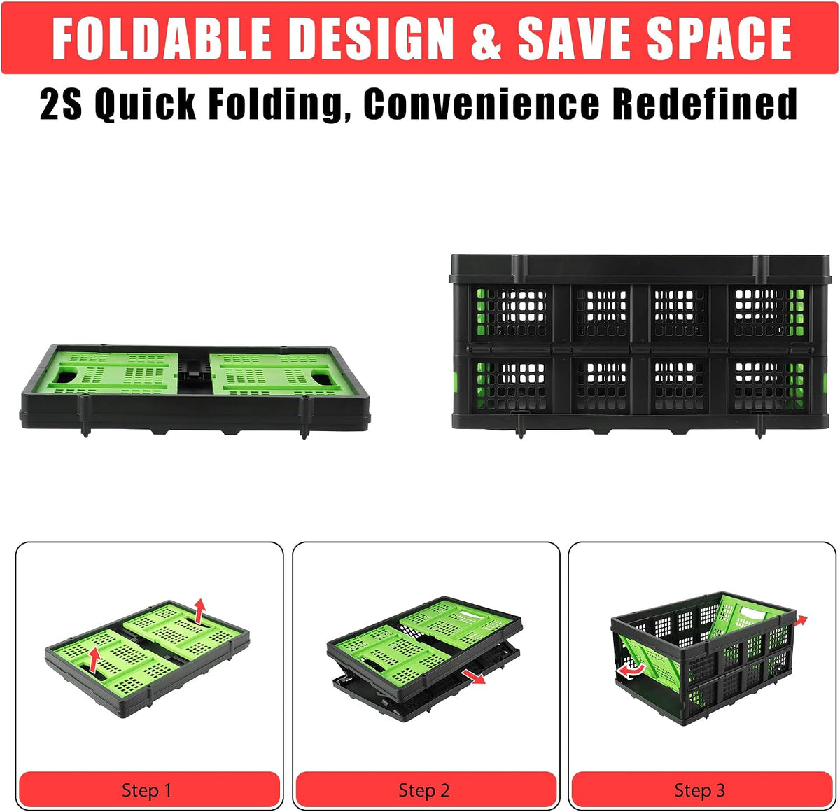 OUTLANE Collapsible Milk Crate,55L Folding Stackable Plastic Storage Bins with Side Handles,Heavy Duty Stackable Containers Folding Storage Baskets for Home, Office, School & Garage,Green