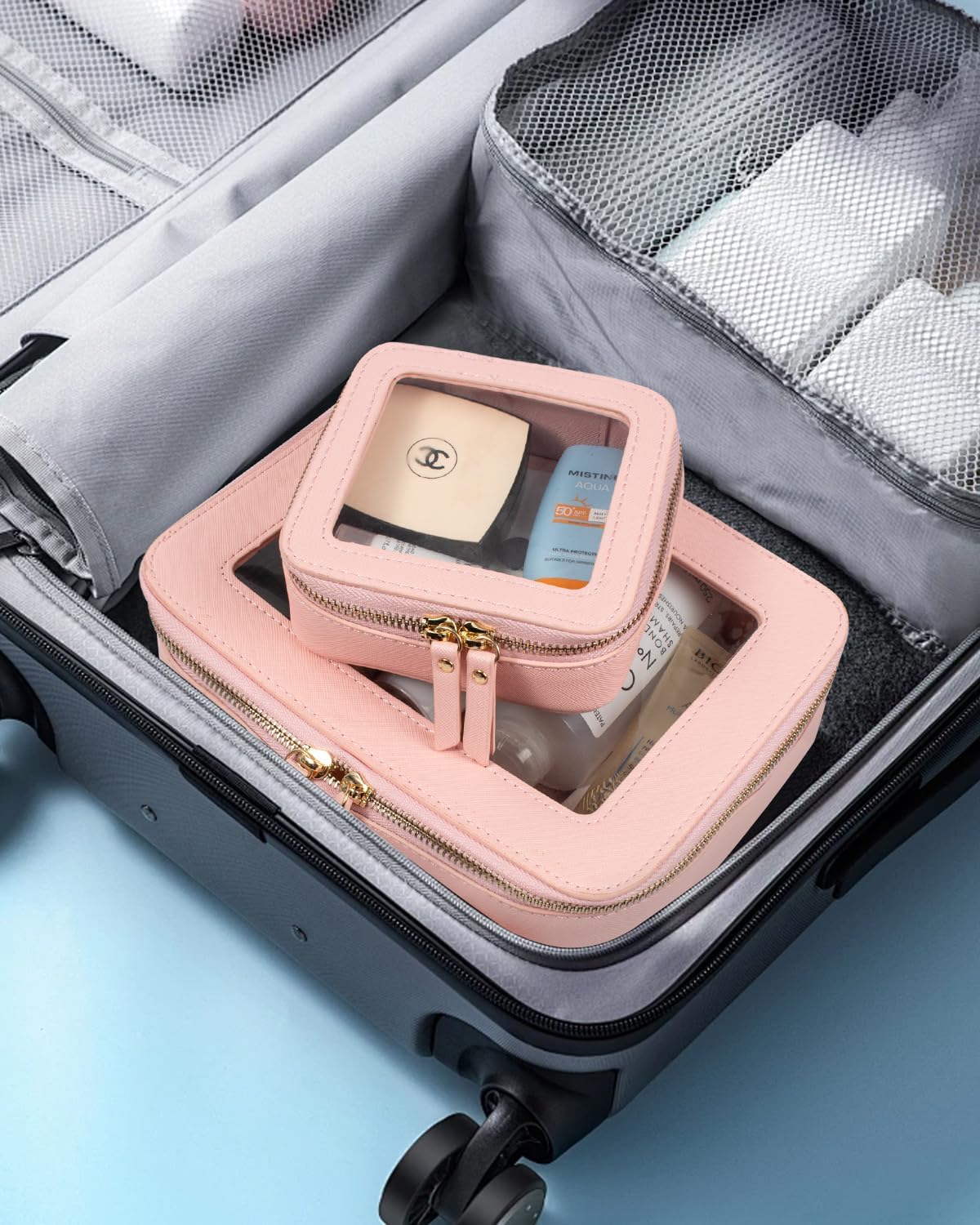 LETGO Clear Makeup Bag Mahjong Tile Bag with Zipper and Handle| Structured Large Travel Makeup Bag for Toiletries for Women,Travel Cosmetic Case,Waterproof PU Leather,Wide Opening