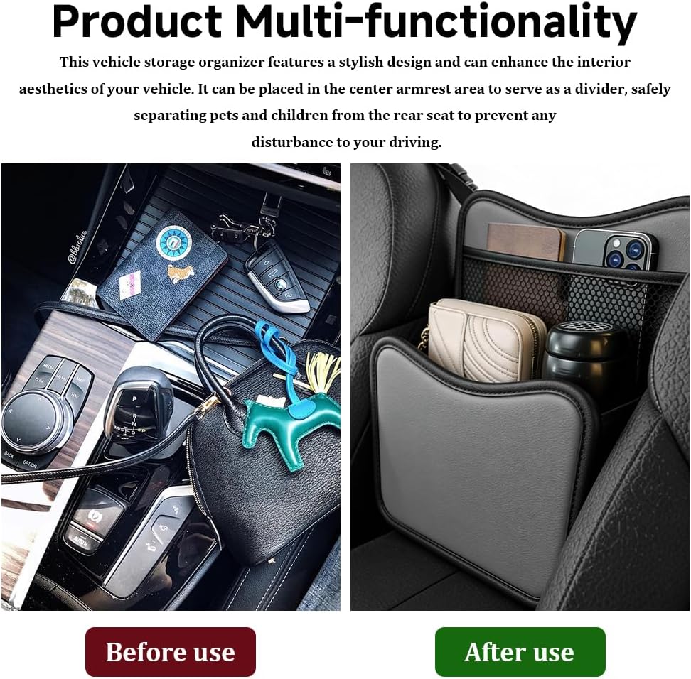 Car Organizer Storage Between Seats, Car Purse Holder, Nappa Leather Front Seat Storage Bag with Tissue Holder, Large Capacity Auto Console Organizer for Document Phone Wallet Snack (White)