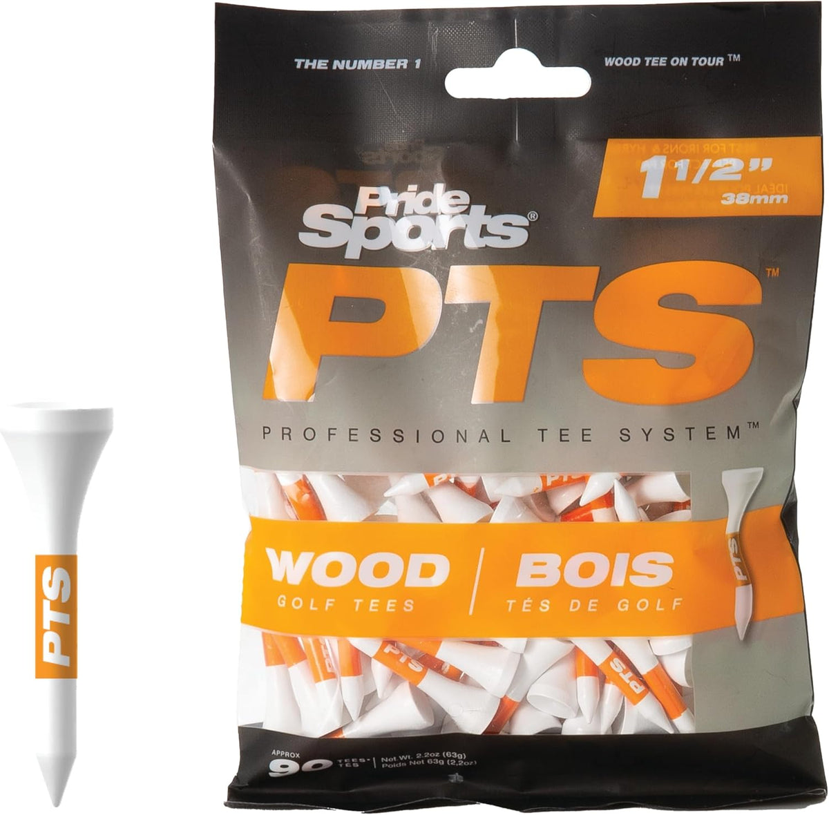 PrideSports PTS Wood Golf Tees - 90 Count, 1-1/2 Inch | Top Choice for Irons, Hybrids & Woods