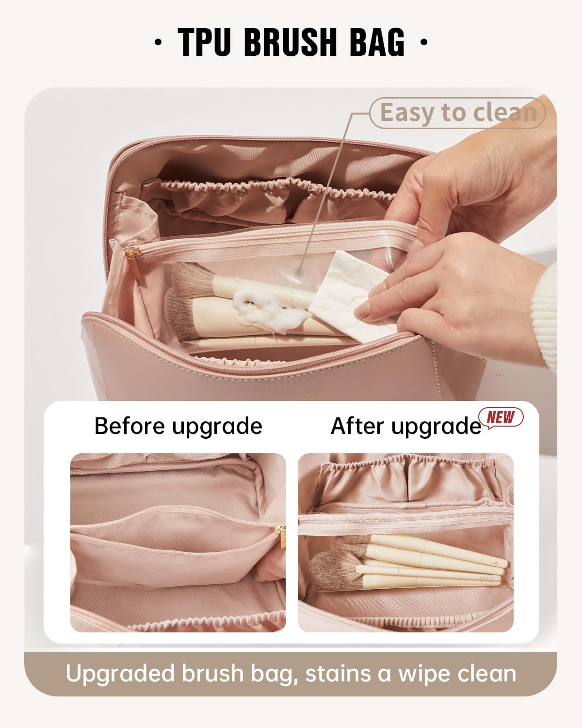EACHY Travel Makeup Bag for Women, PU Leather Cosmetic Bag, Pink, Large