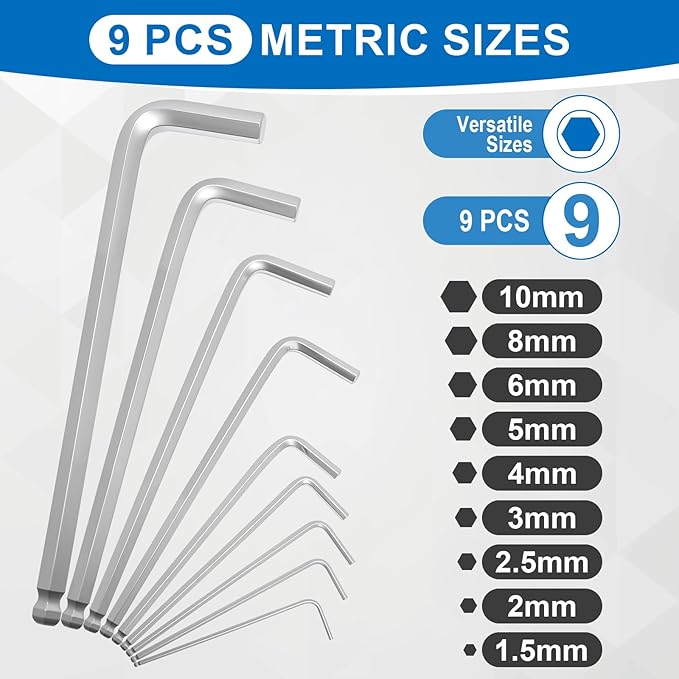 9 PCS Hex Key Set, Ball-End Allen Wrench Set, CR-V Allen Key Set, Metric Hex Wrench Set with 1.5-10MM Sizes, Ergonomic Non-Slip Portable Storage Case for Furniture, Bike, Electronics