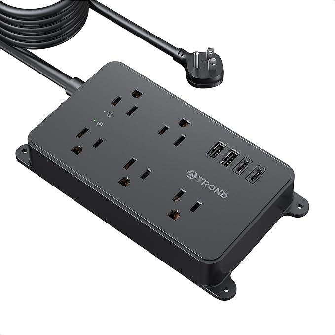 TROND Surge Protector Power Strip, 15ft Long Extension Cord, ETL Listed, 5 Widely Spaced AC Outlets, 2 USB A and 2 USB C, 1300J, Low-Profile Flat Plug, Wall Mountable, for Kitchen Office, Black