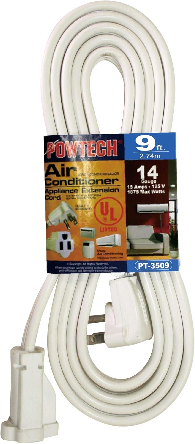 Heavy Duty 9 FT Air Conditioner and Major Appliance Extension Cord UL Listed 14 Gauge, 125V, 15 Amps, 1875 Watts Grounded 3-PRONGED Cord