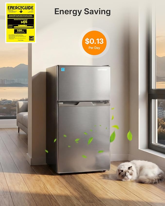 Upstreman 3.1 Cu.Ft Mini Fridge with Freezer, Double Door Small Refrigerator, Adjustable Thermostat, Energy Star Certified Low Noise Mini Refrigerator for Bedroom, Dorm, Apartment Silver-TM31