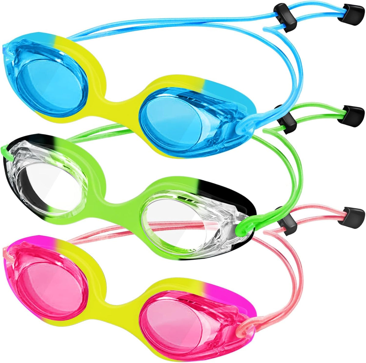 XDX Kids Swim Goggles - 3 Pack With Adjustable Bungee Strap | Anti-Fog, Leak-Proof for Ages 3-14