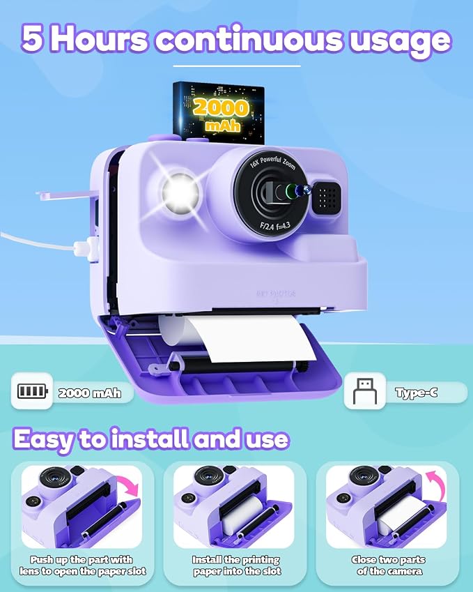 Instant Print Camera for Kids, 2.4 Inch Screen Kids Instant Cameras, Christmas