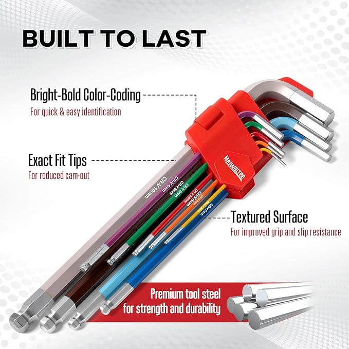 Meiwaltee 9PCS Extra Long Arm Allen Wrenches Set, Metric Ball End Hex Key Set(1.5mm-10mm), Color-Coded Anti-Slip Wrenches For Bike Repair, Furniture Assembly, Motorcycle Maintenance,DIY Project.