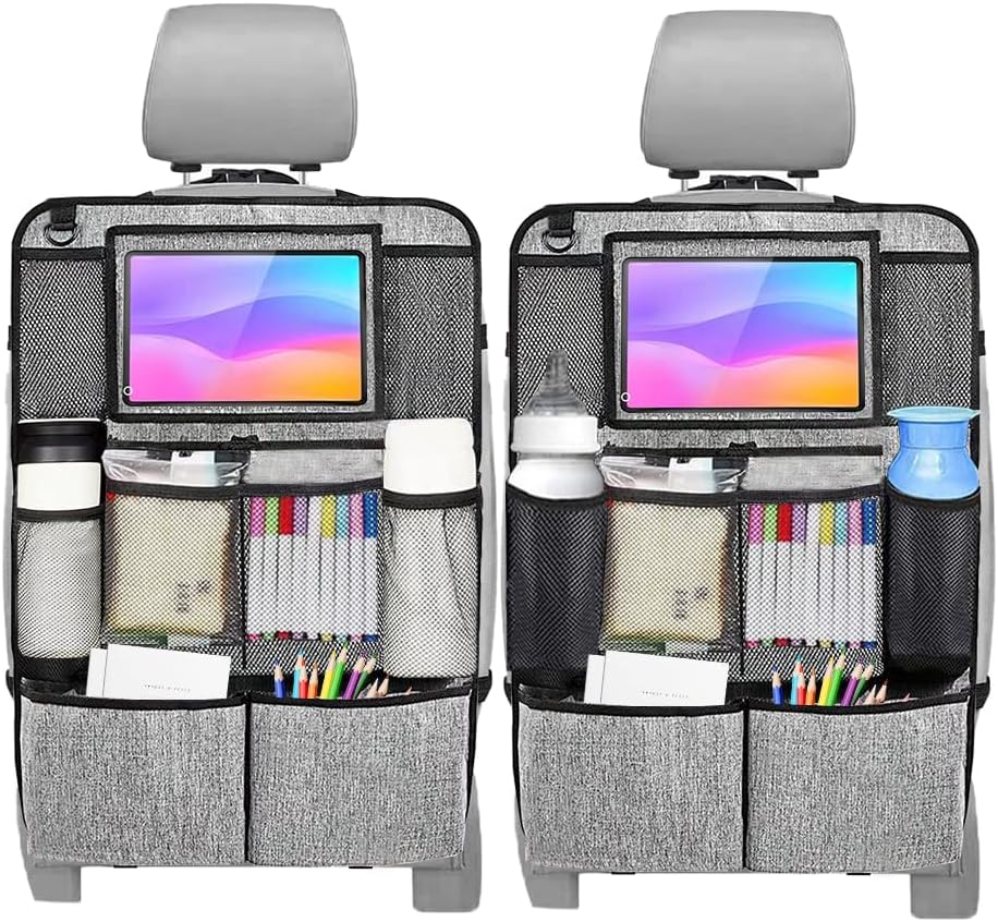 2PCS Car Seat Back Organizer, Waterproof Vehicle Storage Bag with Touch Screen Tablet Holder & 9 Pockets, Auto Kick Mats Back Seat Protector for Kids, Universal Travel Accessories (Black/Large)