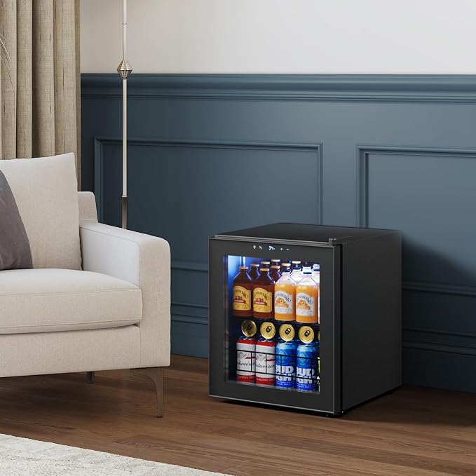 Yeego Beverage Refrigerator Drink Cooler, 65 Cans Mini Fridge Glass Door | Soda Wine Beer Cooler, 34°F To 54°F Temperature Control, for Home Office Bar, Countertop, Black