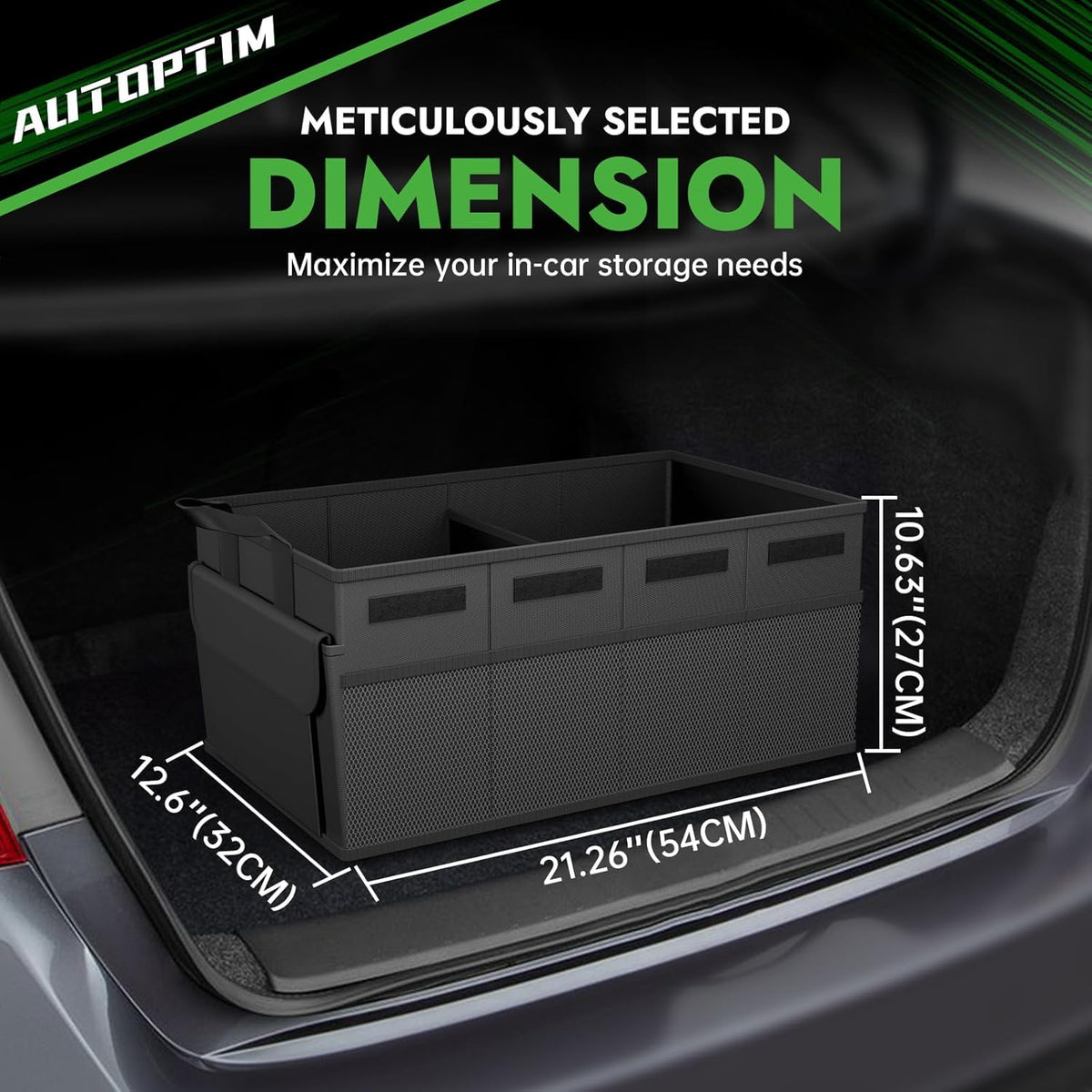 AUTOPTIM Car Trunk Organizer - Collapsible Car Organizer with Non Slip Bottom & Multiple Pockets for Groceries, Trunk Storage with Base Panel for SUV Sedan Van, 2 Compartments (Black, Medium)