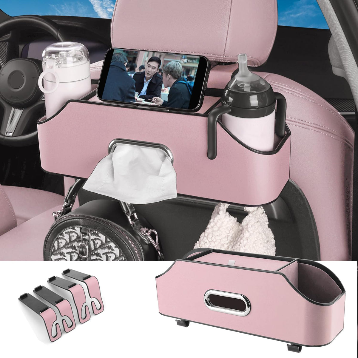 HOLDCY Car Back Seat Organizer with 2 Drink Cup Holder - Tissue Box and Storage Box Hook - Multi-functional Storage - Great for Kids and Travel (Red)