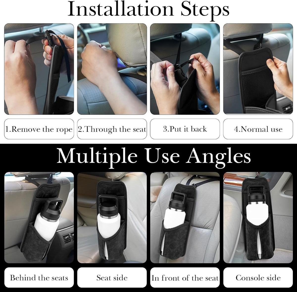 Linkidea Car Seat Side Large Water Bottle Holder Compatible with Owala FreeSip 24oz/32oz, Yeti Rambler 26oz/36oz, Auto Seat Large Car Bottle Hanging Storage Organizer with Mesh Pocket, Black