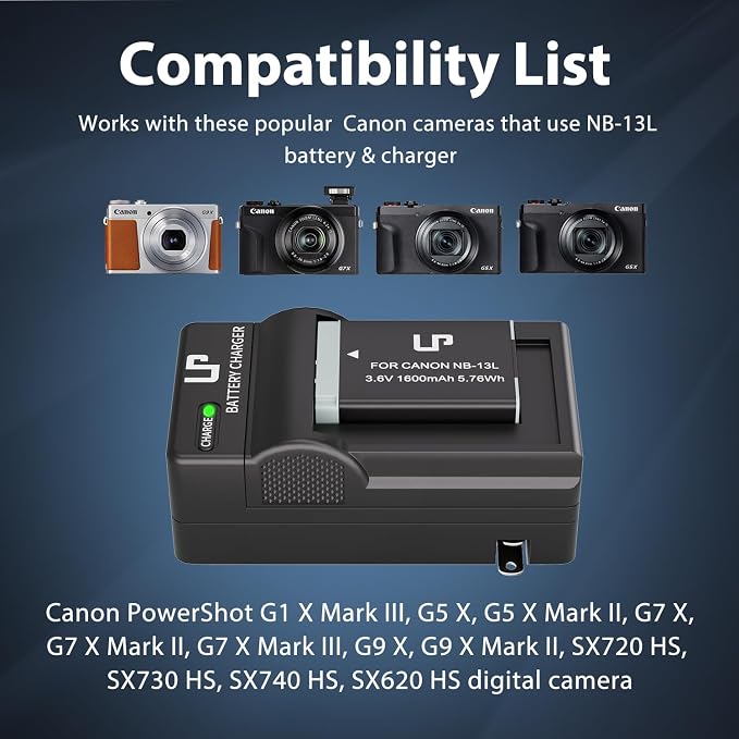 LP NB-13L Battery and Charger, 1600mAh Battery Compatible