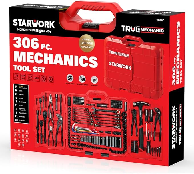 STARWORK TRUE MECHANIC 306-Piece Mechanics Tool Set and Socket Set, Comprehensive Tool Kit, Automotive Repair Tool Set, 【Pliers Wrench】, Professional